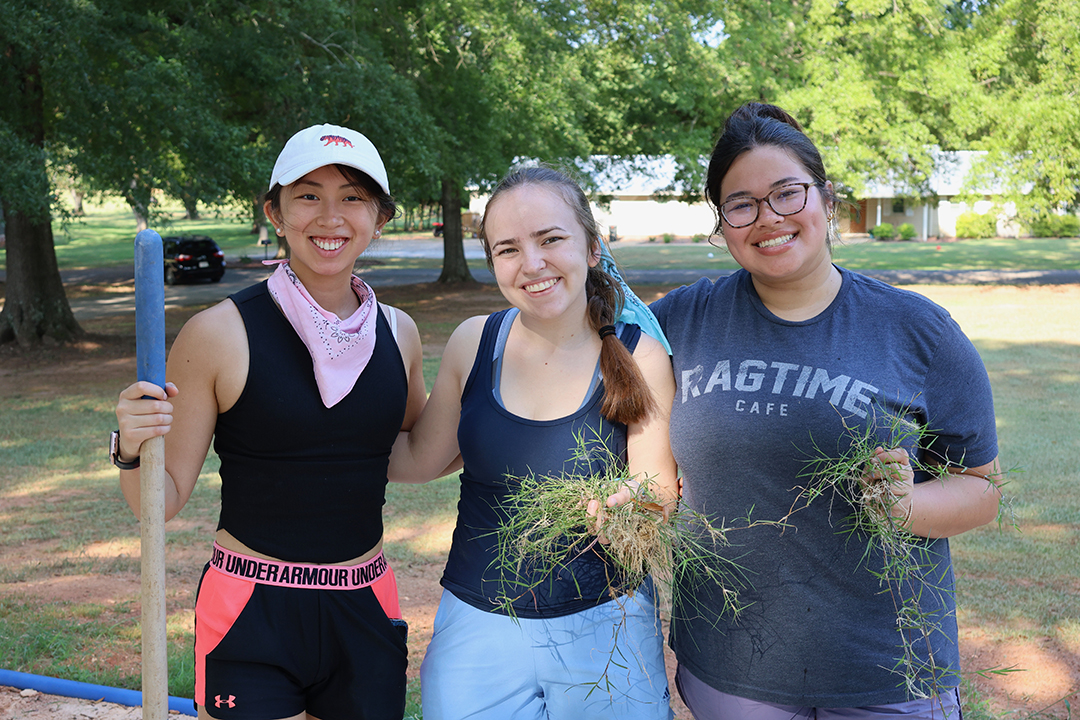 three students with grass clippings and weeds in their hands from weeding a yard